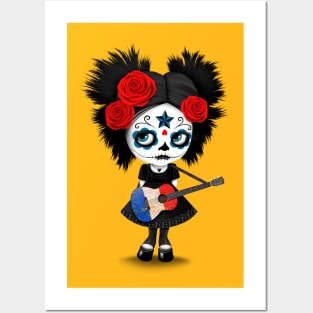 Sugar Skull Girl Playing French Flag Guitar Posters and Art